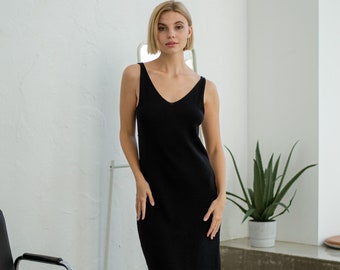 Black classic knitted dress, Cotton basic knit drss, Midi black non sheer dress