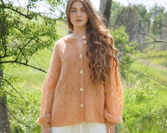 Peach cropped cardigan, Light weight sweater, Knitted baby alpaca pullover, Soft women handknit wrap