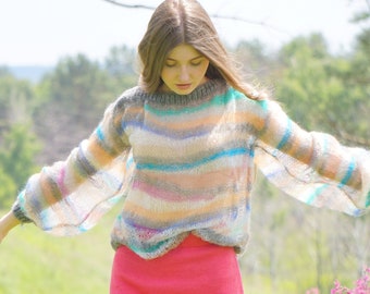 Rainbow striped mohair sweater, Colorful knitted boho soft sweater, See through design bright sweater