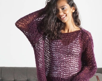 Loose knit purple mohair sweater, Chunky knit fishnet pullover, See through grunge cape