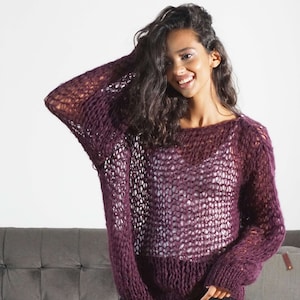 Loose Knit Purple Mohair Sweater Chunky Fishnet Pullover Soft Oversized Fluffy See Through Longsleeve Handmade Cozy Alpaca Cape