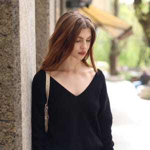 Reversible Neckline Sweater Deep V Merino Wool Oversized Knit Pullover Soft Warm Minimalist Women Sweater Cozy Handmade Sustainable Knitwear