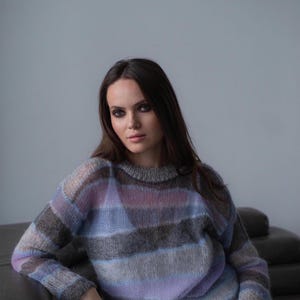 Blue Striped Mohair Longsleeve Soft Knit Sweater Pastel Rainbow Pullover Lightweight Multicolored Sweater Women Cozy Handmade Knitwear