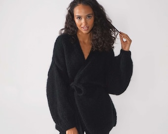 Casual black mohair fluffy cardigan, Soft luxurious mohair cape, Kid mohair openfront sweater