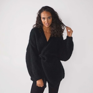 Casual black mohair fluffy cardigan, Soft luxurious mohair cape, Kid mohair openfront sweater image 1