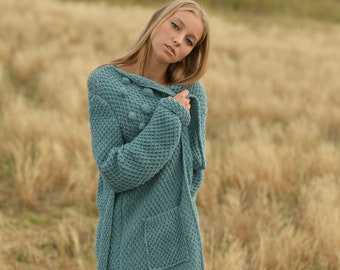 Comfy long emerald wool cardigan, Belted relaxed knitted coat