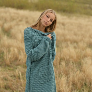 Comfy long emerald wool cardigan, Belted relaxed knitted coat image 1