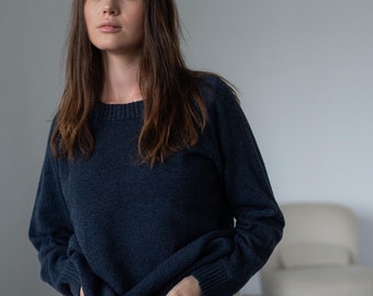 Blauer Rundhalspullover Weicher Wollpullover Merinopullover Gemütlicher Strick Melange Warm Handgefertigter Winterpullover Lässig Handgestrickt Loose Fit Mode