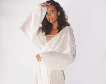 Bridal white mohair cape, Long belted open front cardigan, Gentle wrap cardigan