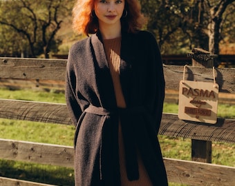 Dunkelbraune Merino gestrickte Strickjacke Gemütliche Lange Strickpullover Warme Winter Kaschmir Layer Offene Front Handgemachte Wolle Jacke Gürtel Schokolade Mantel