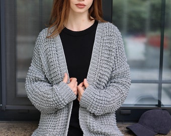 Chunky Gray Cotton Cardigan Open Front Cape Cozy Knitwear Women’s Boho Sweater Wrap Layering