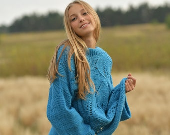 Fresh blue floral wool cardigan, Boho style knitted sweater, Handcrafted bright warm sweater