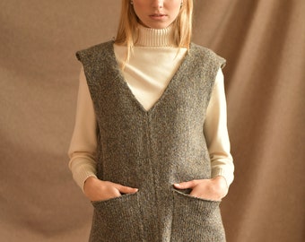 Knitted alpaca vest, Sleeveless tweed long sleeveless dress, Multicolor tweed warm dress, Melange gray vest