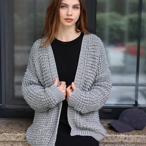 Chunky Gray Cotton Cardigan Open Front Cape Cozy Knitwear Women’s Boho Sweater Wrap Layering