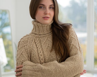 Kamel Zöpfe gestrickter Rollkragenpullover, Beige, Weicher Pullover, Merino Pullover