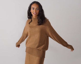 Camel handgestrickte Merino Rock Anzug, Pullover langer Rock Set, Gemütliches brauner Damen Rock Kostüm