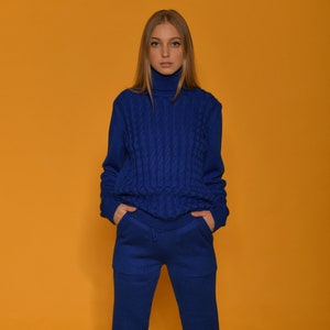 Blue Merino Wool Womens Track Pants Suit Cozy Knit Loungewear Set Soft Warm Jogger Pants and Sweater Lounge Set Casual Winter Outfit