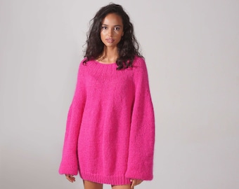 Mohair pink sweater, Fluffy oversized jumper, Bright mohair crew neck sweater