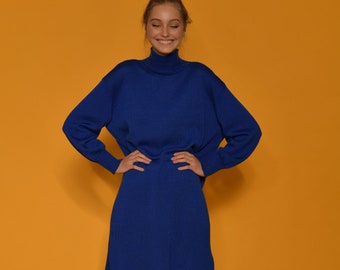 Сasual knitted long dress, Blue turtleneck loose tunic, Basic oversized knitted high neck jumper