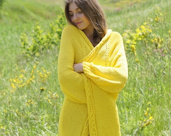 Knitted cardigan yellow, Summer cotton cardigan, Bright long cardi, Chunky knit open sweater