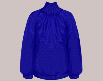 Blauer Zopf-Strickpullover, Warmer Wollpullover mit Zopfmuster, Weicher Pullover mit Stehkragen