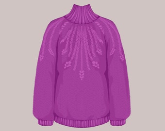Braid knit purple sweater, Cable knit wool pullover, High neck pink soft jumper