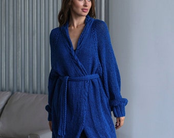 Blaue Baumwolle lange Strickjacke Damen leichte offene Front Pullover weich stricken Umweltfreundliche Jacke gemütlich lässig Strick Sommer Herbst lange Umhang
