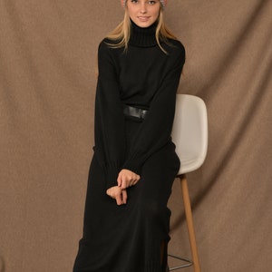 Knitted black wool maxi dress, Long sweater casual dress, Turtleneck warm dress image 8