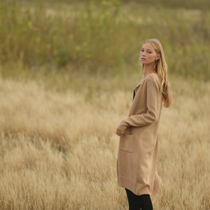 Basic maxi long beige coat, Open front handknitted alpaca cardigan image 4