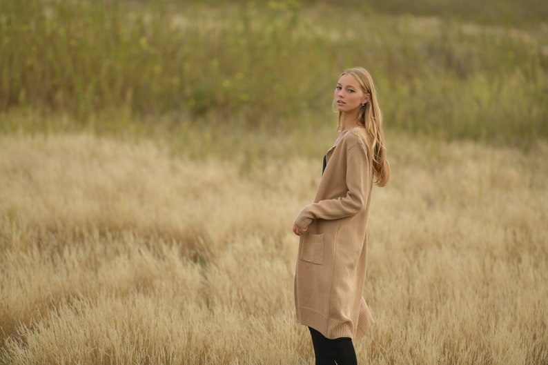 Basic maxi long beige coat, Open front handknitted alpaca cardigan image 4