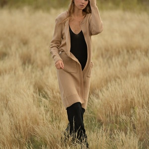 Basic maxi long beige coat, Open front handknitted alpaca cardigan image 9