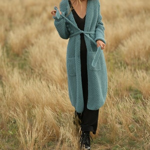 Comfy long emerald wool cardigan, Belted relaxed knitted coat image 5