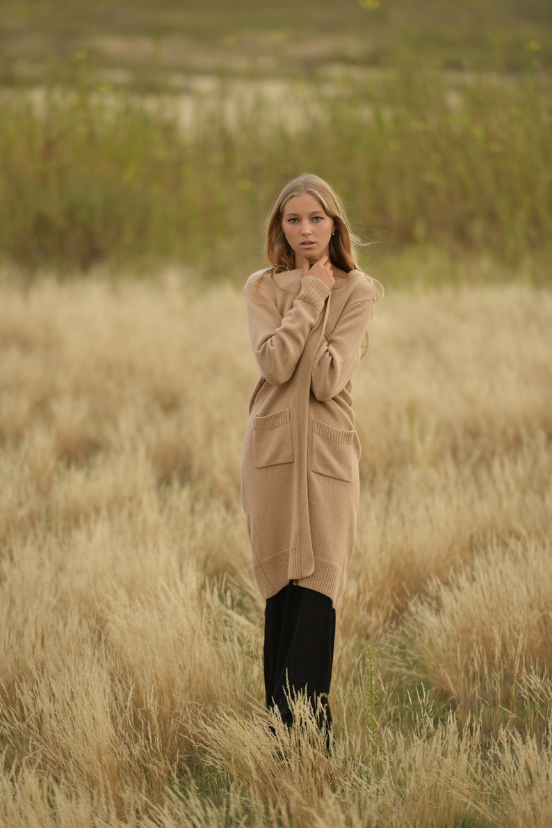 Basic maxi long beige coat, Open front handknitted alpaca cardigan image 3