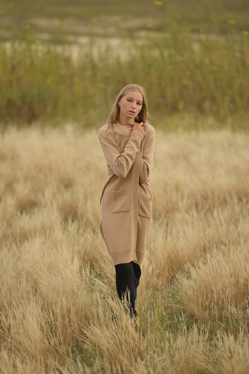 Basic maxi long beige coat, Open front handknitted alpaca cardigan image 1