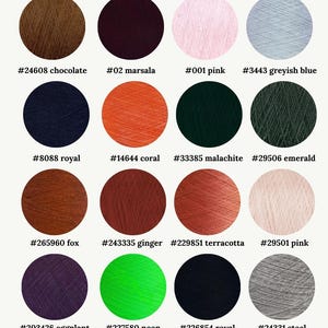 May include: A color chart of 100% merino wool yarn in various shades, including classic blue, sea blue, chocolate, marsala, pink, greyish blue, royal, coral, malachite, emerald, fox, ginger, terracotta, pink, eggplant, neon, royal, steel, black, tiffany, pastel beige, and camel.