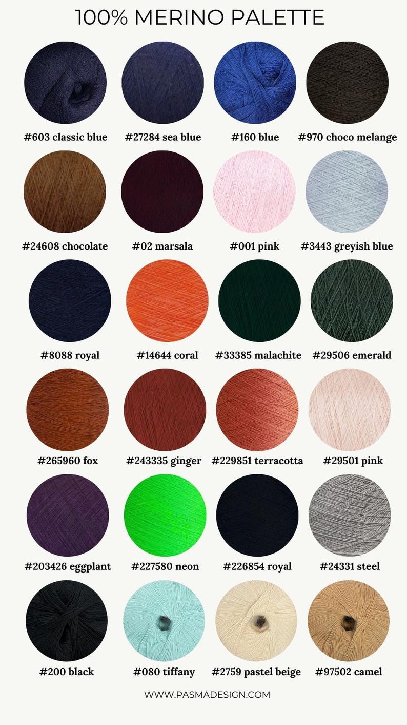 May include: A color chart of 100% merino wool yarn in various shades, including classic blue, sea blue, chocolate, marsala, pink, greyish blue, royal, coral, malachite, emerald, fox, ginger, terracotta, pink, eggplant, neon, royal, steel, black, tiffany, pastel beige, and camel.