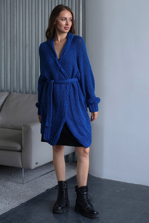 Blaue Baumwolle lange Strickjacke Damen leichte offene Front