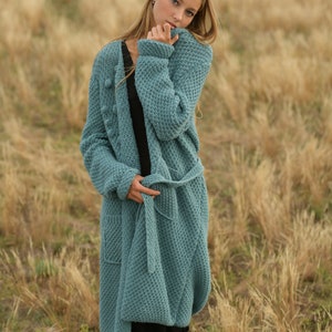 Comfy long emerald wool cardigan, Belted relaxed knitted coat image 3