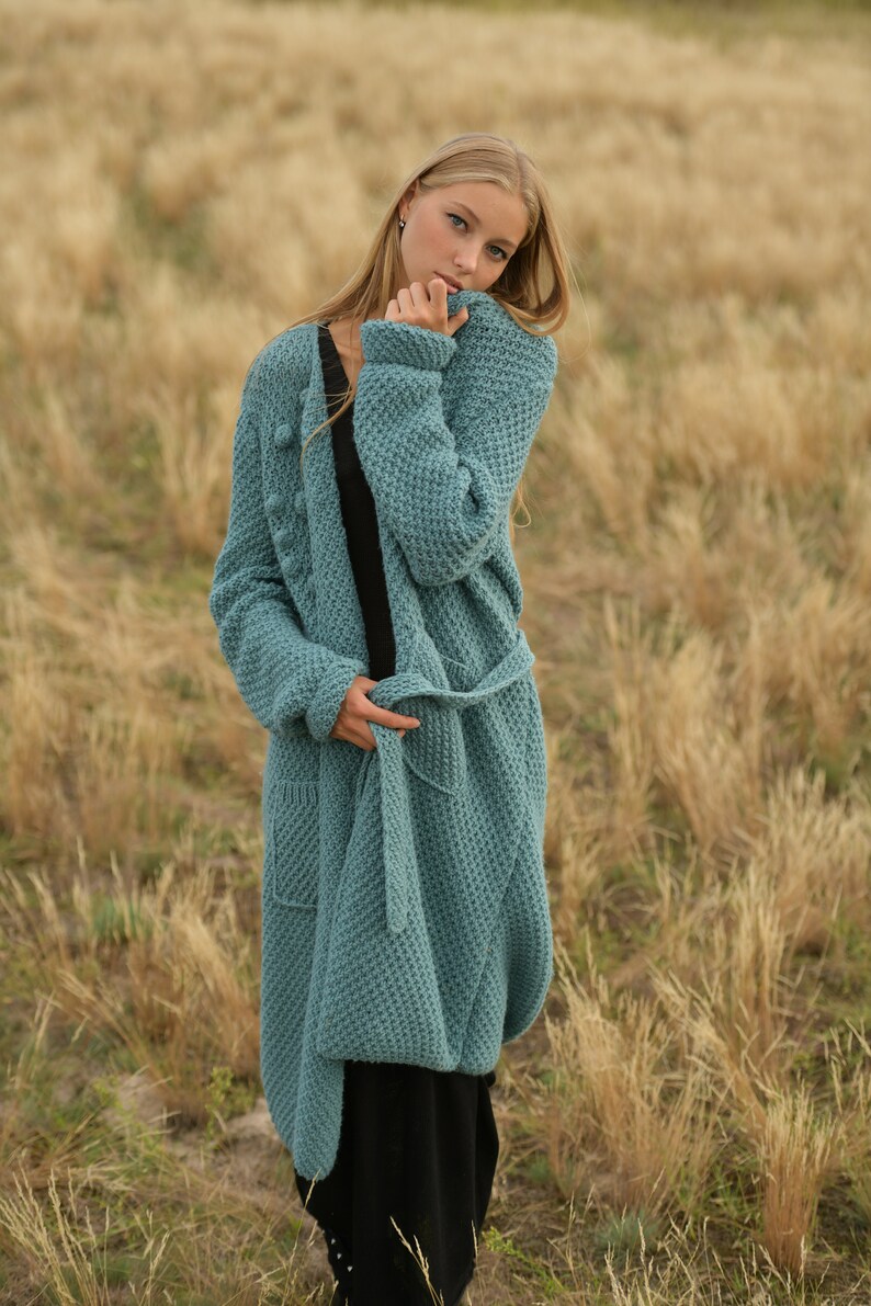 Comfy long emerald wool cardigan, Belted relaxed knitted coat image 3
