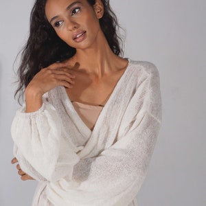 Bridal white mohair cape, Long belted open front cardigan, Gentle wrap cardigan image 7