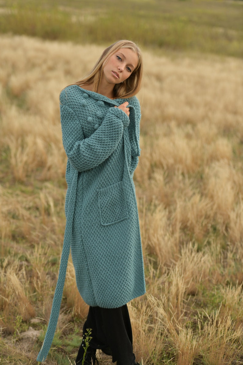 Comfy long emerald wool cardigan, Belted relaxed knitted coat image 1