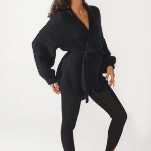 Casual black mohair fluffy cardigan, Soft luxurious mohair cape, Kid mohair openfront sweater image 4