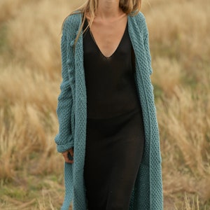 Comfy long emerald wool cardigan, Belted relaxed knitted coat image 9