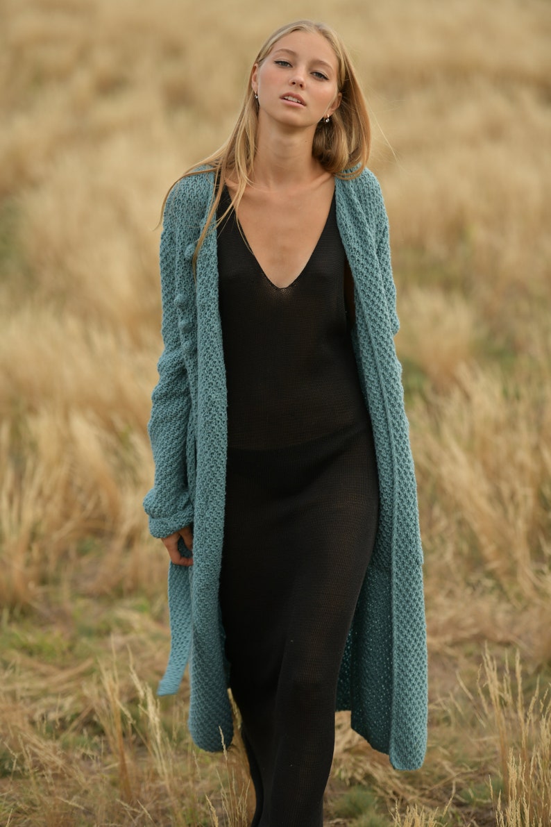 Comfy long emerald wool cardigan, Belted relaxed knitted coat image 9