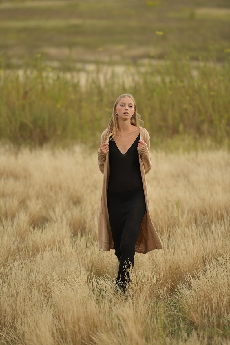 Basic maxi long beige coat, Open front handknitted alpaca cardigan image 5