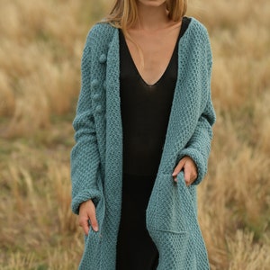 Comfy long emerald wool cardigan, Belted relaxed knitted coat image 2