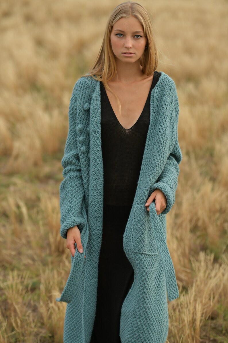 Comfy long emerald wool cardigan, Belted relaxed knitted coat image 2