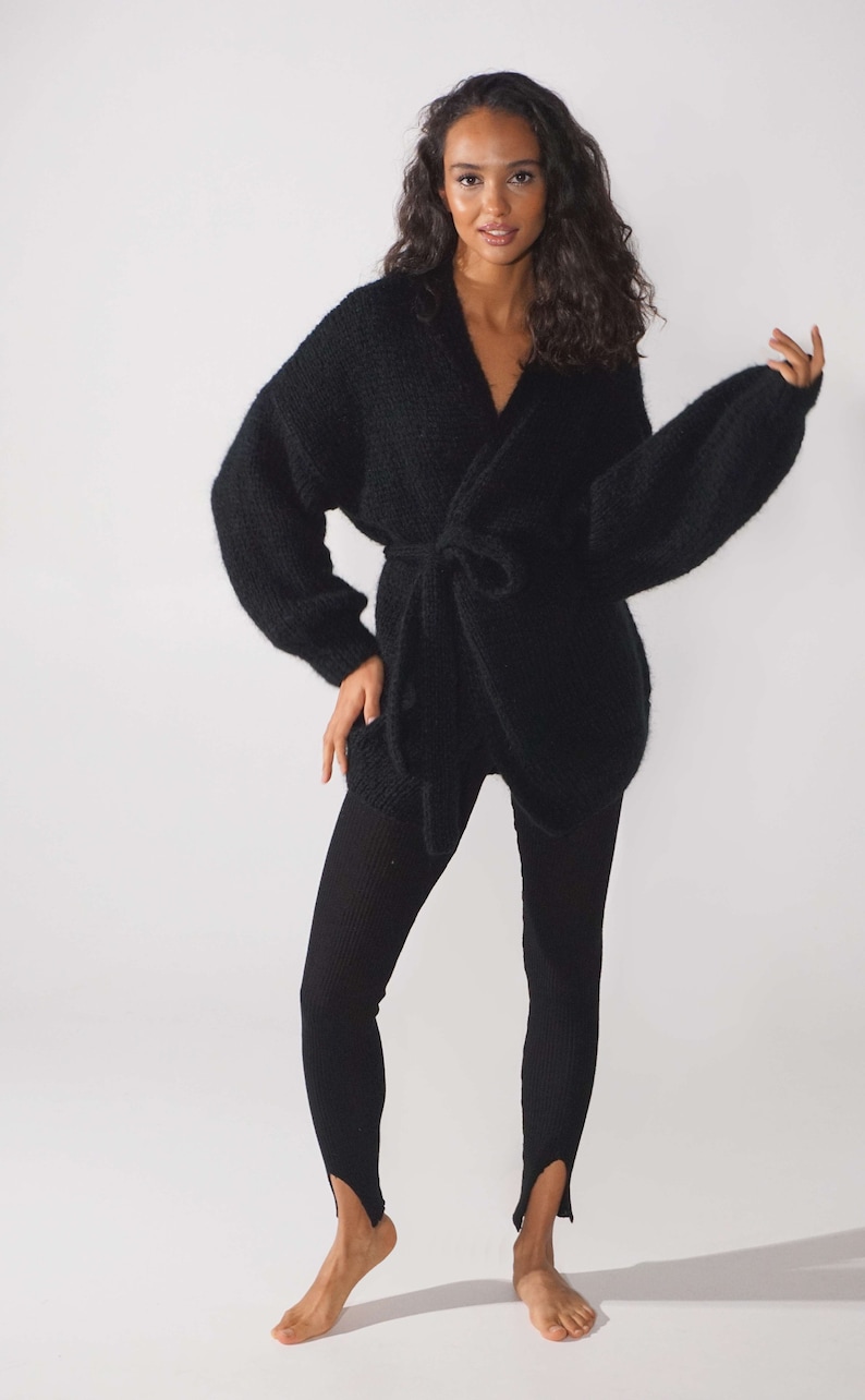 Casual black mohair fluffy cardigan, Soft luxurious mohair cape, Kid mohair openfront sweater image 5