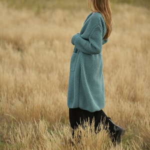 Comfy long emerald wool cardigan, Belted relaxed knitted coat image 8