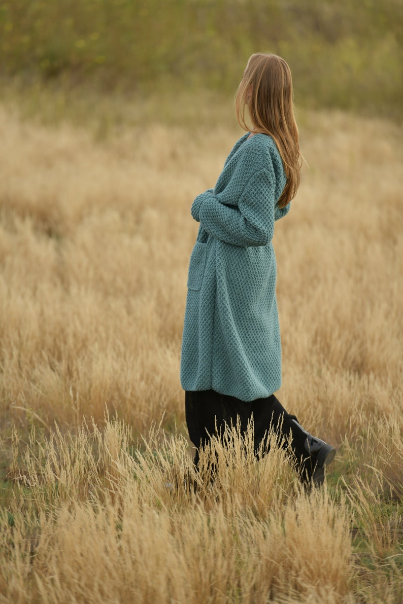 Comfy long emerald wool cardigan, Belted relaxed knitted coat image 8